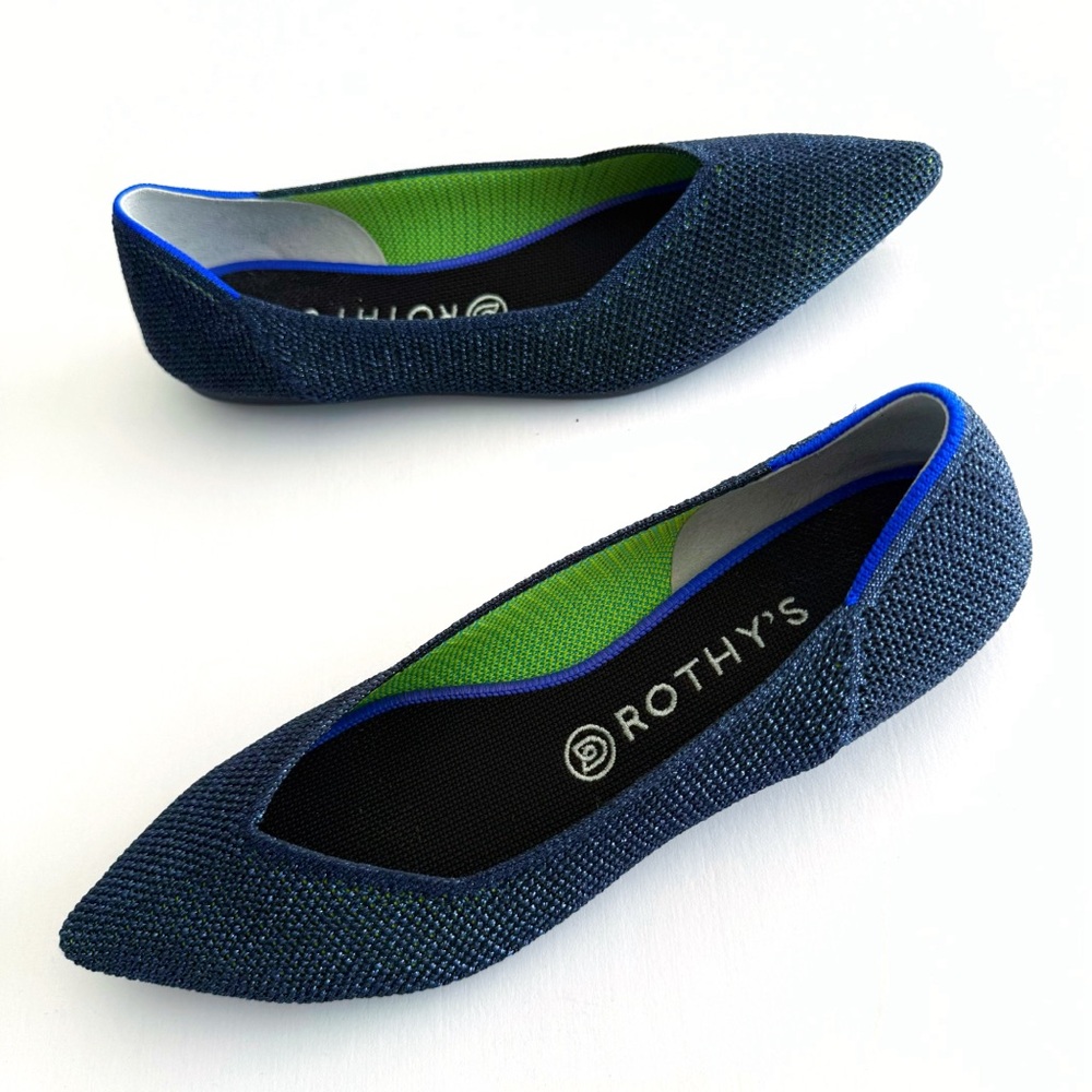 ROTHYS METALLIC BLUE GREEN LATTICE STITCH THE POINT BALLET FLAT